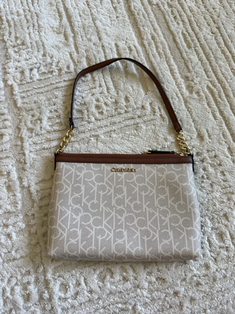 Calvin Klein Cream Monogram Shoulder Bag with Brown Trim